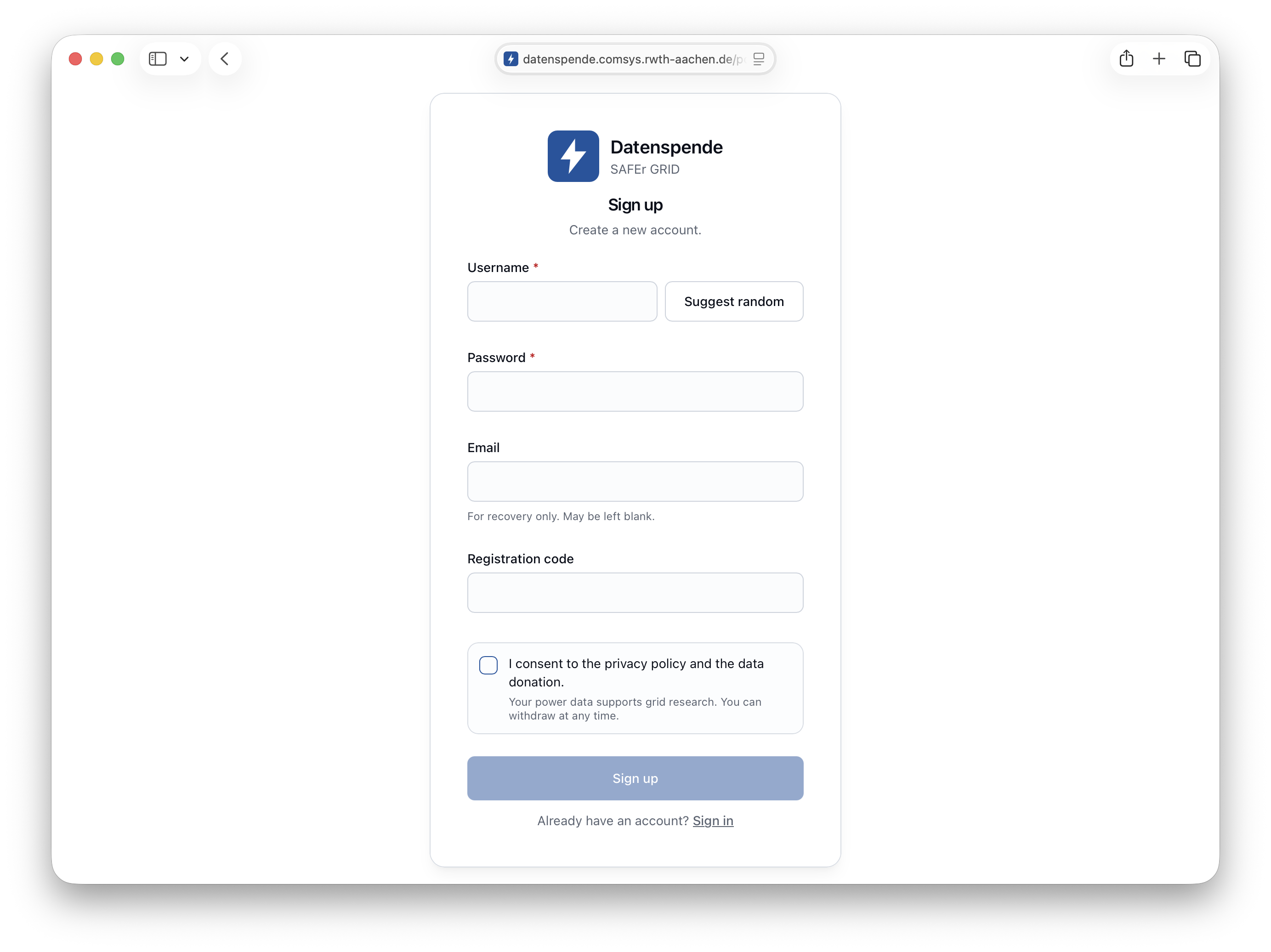 Registrierungsformular des Datenportals